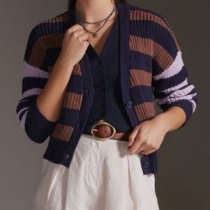 Anthropologie Maeve button-down cardigan sweater navy blue, brown small